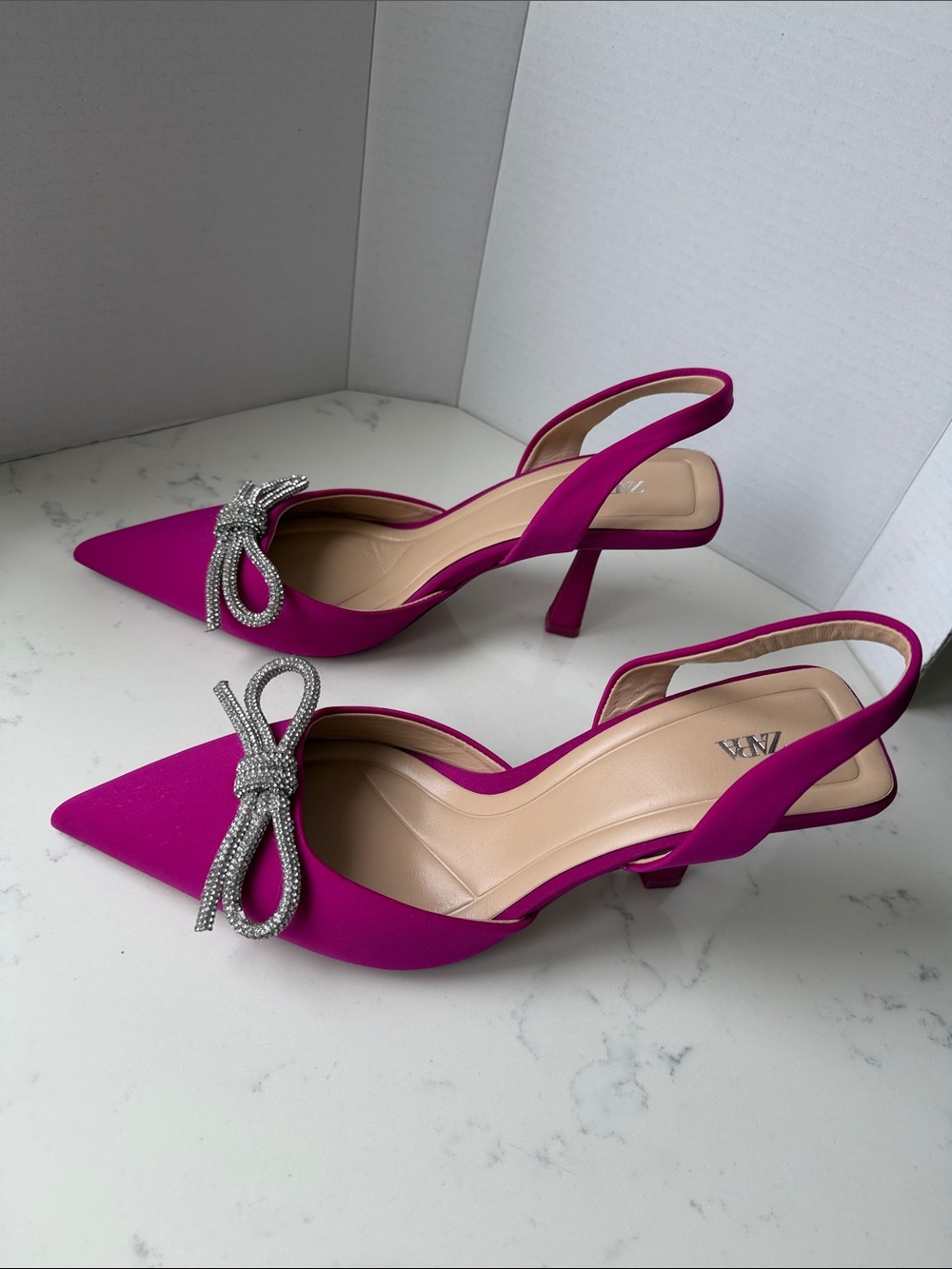 Zara Fuchsia Slingback Pointed Toe Heels with Crystal Bow size 11 - Picture 6 of 11